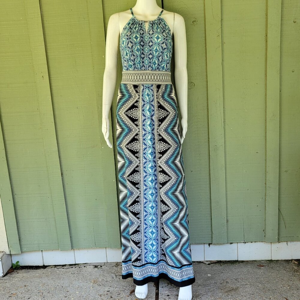 LONDON TIMES Blue Black Print Slinky Maxi Dress 10
